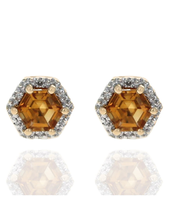 Hexigon Shaped Citrine and Diamond Halo Studs