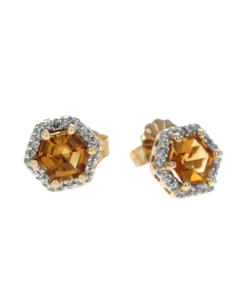 Hexigon Shaped Citrine and Diamond Halo Studs