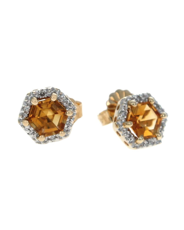 Hexigon Shaped Citrine and Diamond Halo Studs