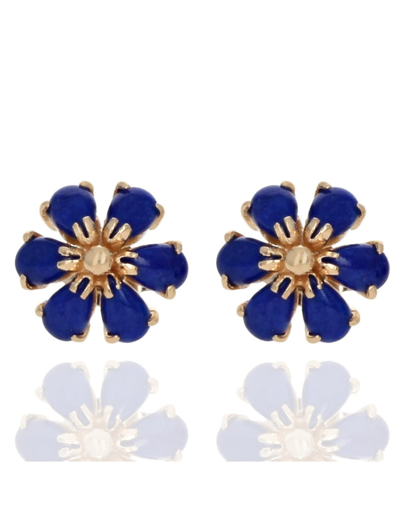 Lapis Lazuli Flower Stud Earrings in Yellow Gold