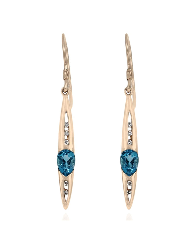 Swiss Blue Topaz and Diamond Elongated Dangle Earrings in Yellow Gold