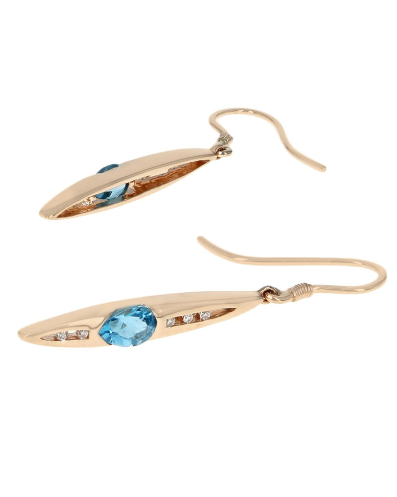 Swiss Blue Topaz and Diamond Elongated Dangle Earrings in Yellow Gold