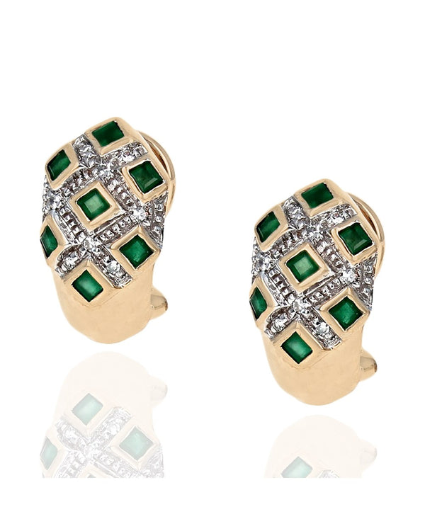 Emerald and Diamond Lattice Earrings in White and Yellow Gold