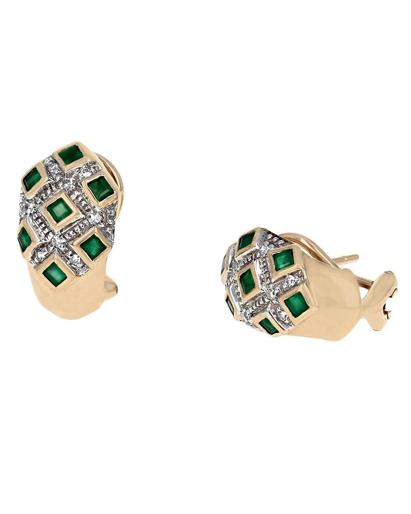 Emerald and Diamond Lattice Earrings in White and Yellow Gold