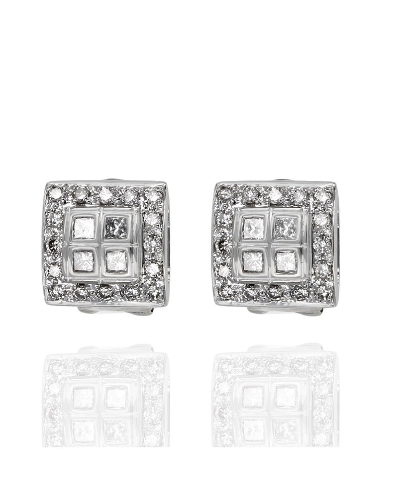 Diamond Square Omega Back Earrings in White Gold