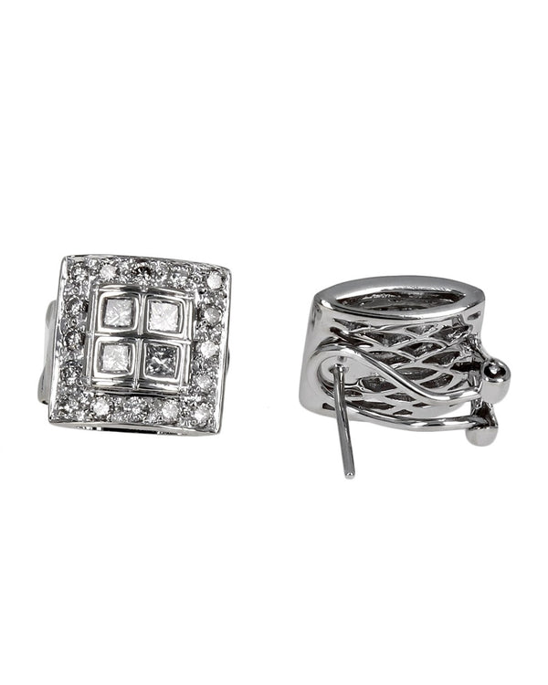 Diamond Square Omega Back Earrings in White Gold