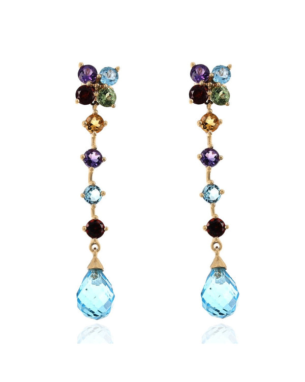 Multi-Gem Flower Dangle Earrings in Yellow Gold