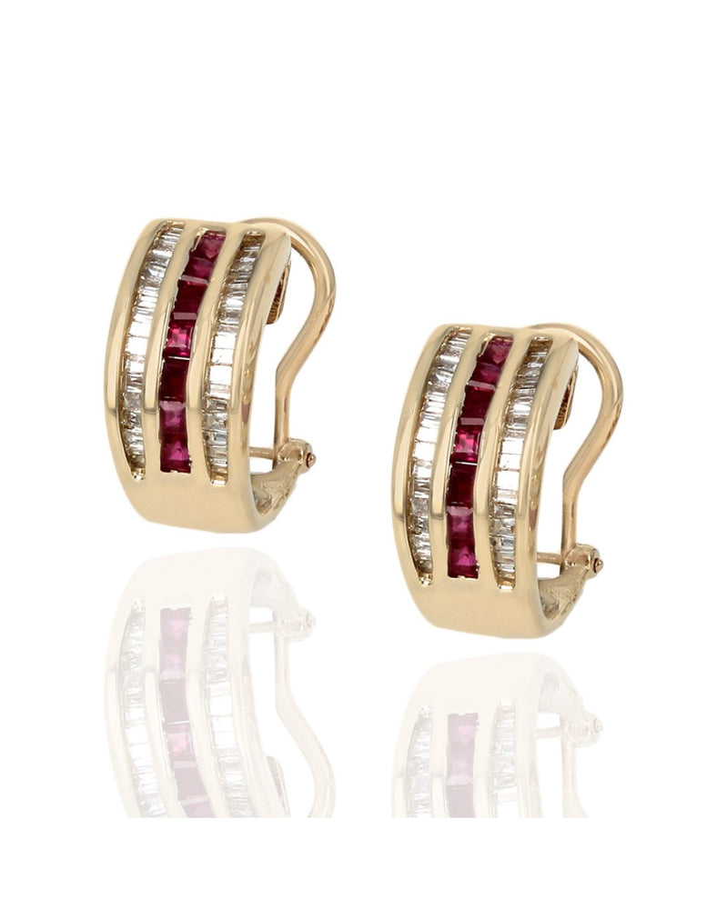 3 Row Diamond and Ruby Curved Earrings