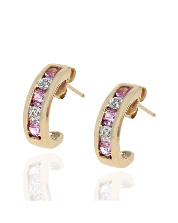 Alternating Pink Sapphire and Diamond Curved Earrings