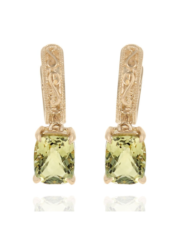 Lemon Quartz Scroll and Milgrain Accent Dangle Earrings in Yellow Gold