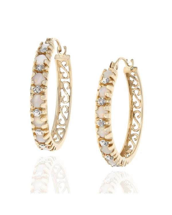 Opal and Diamond Scroll Accent Hoop Earrings in Yellow Gold