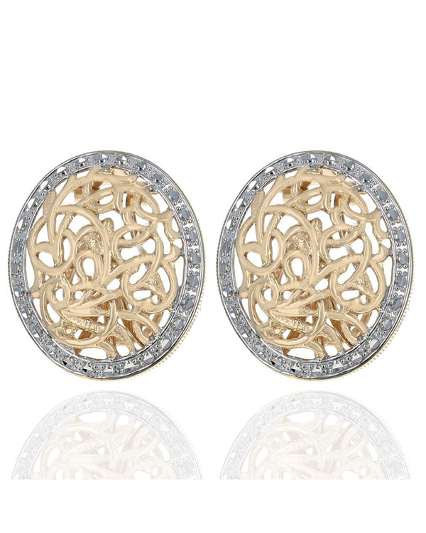 Open Cut Filigree Oval Earrings in White and Yellow Gold