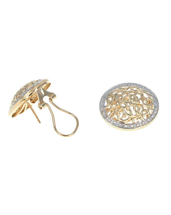 Open Cut Filigree Oval Earrings in White and Yellow Gold