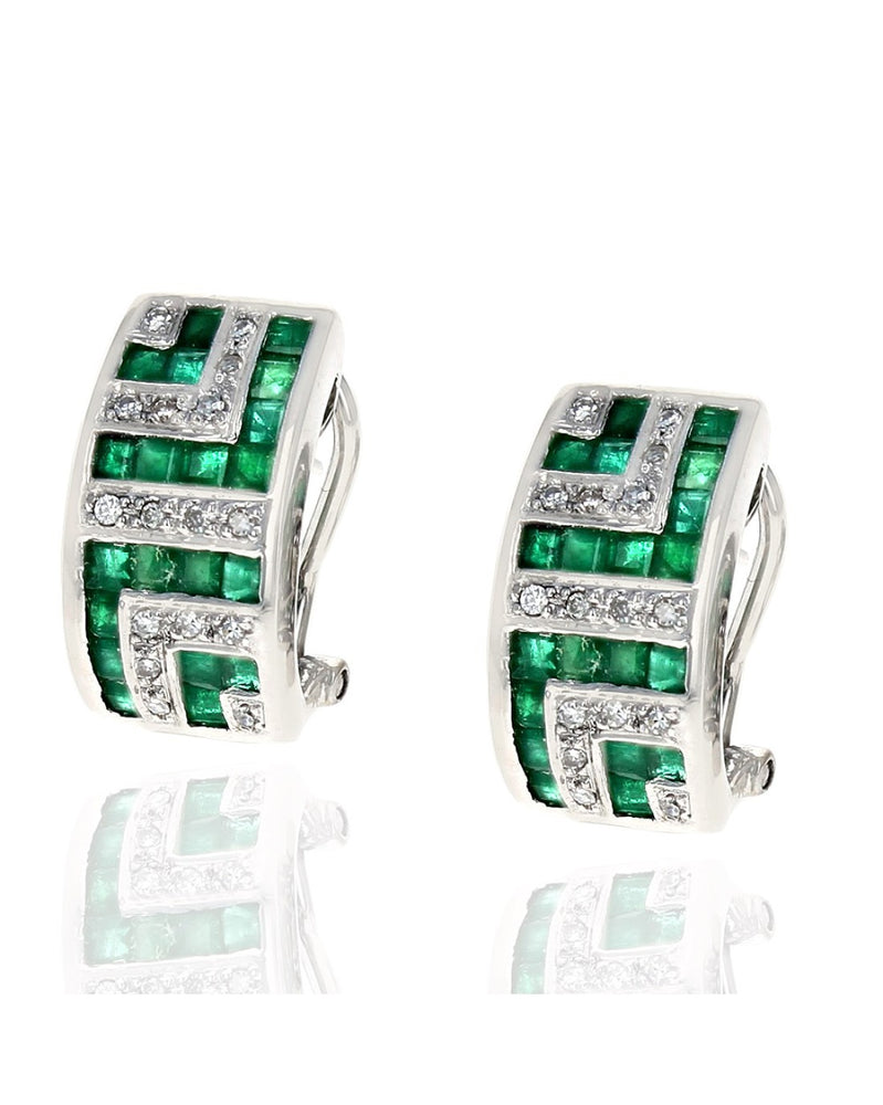 Emerald and Diamond Greek Key Curved Earrings