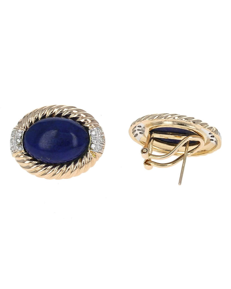 Lapis and Diamond Fluted Halo Earrings in White and Yellow Gold