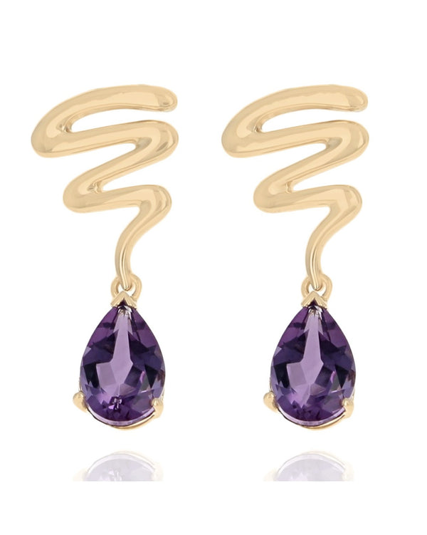 Amethyst Squiggle Dangle Earrings in Yellow Gold