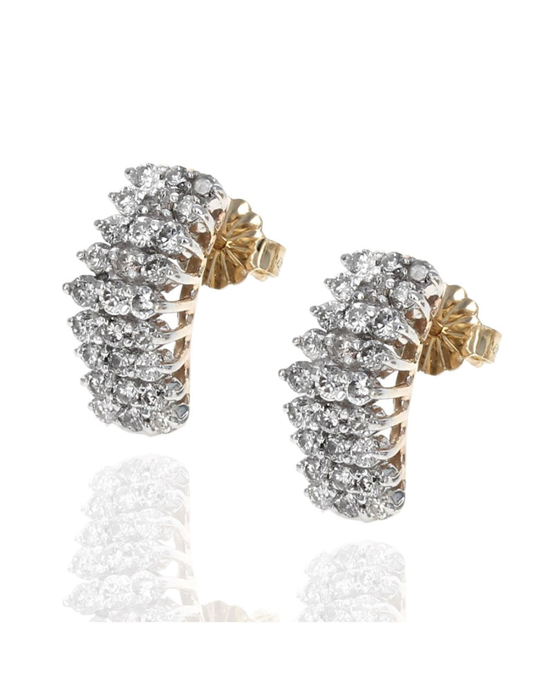 3 Row Diamond Curved Earrings in White and Yellow Gold