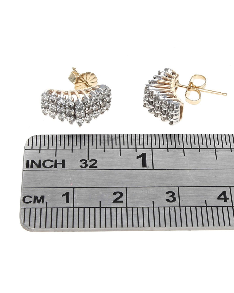 3 Row Diamond Curved Earrings in White and Yellow Gold