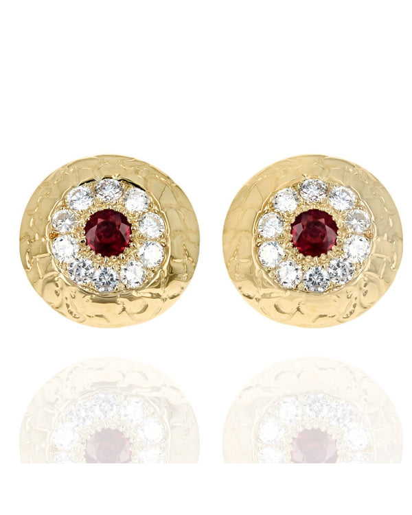 Burmese Ruby Diamond Halo Etched Dome Earrings