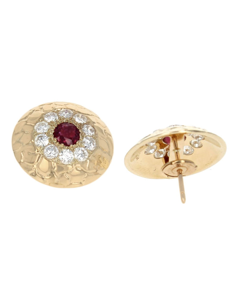 Burmese Ruby Diamond Halo Etched Dome Earrings