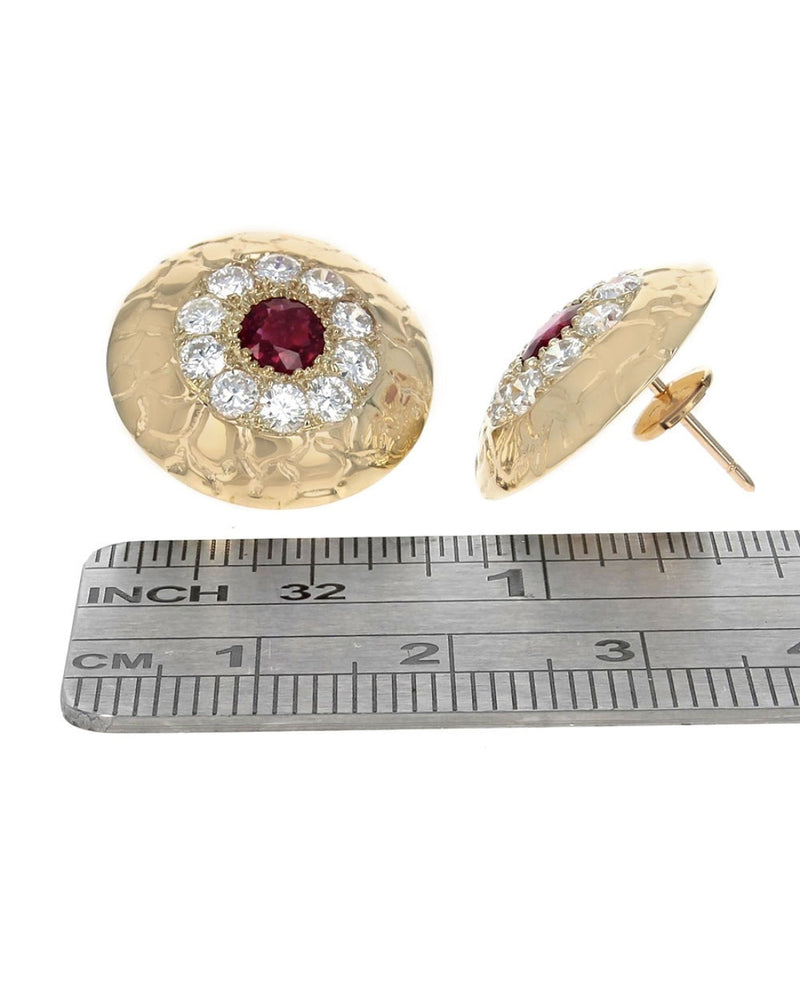 Burmese Ruby Diamond Halo Etched Dome Earrings