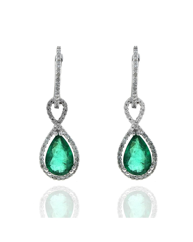 Pear Shaped Emerald and Diamond Halo Drop Earrings