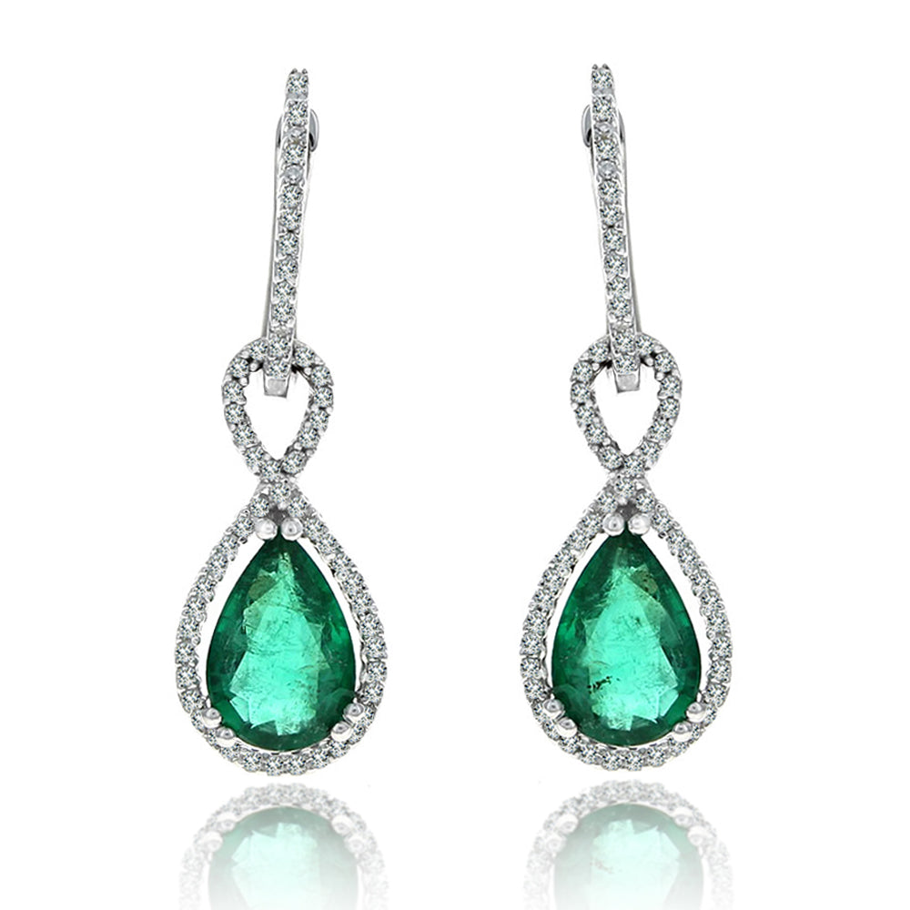 Pear Shaped Emerald and Diamond Halo Drop Earrings