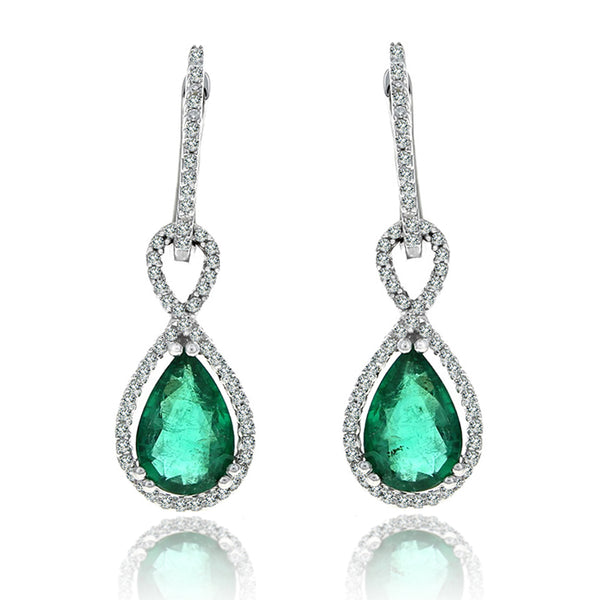 Pear Shaped Emerald and Diamond Halo Drop Earrings