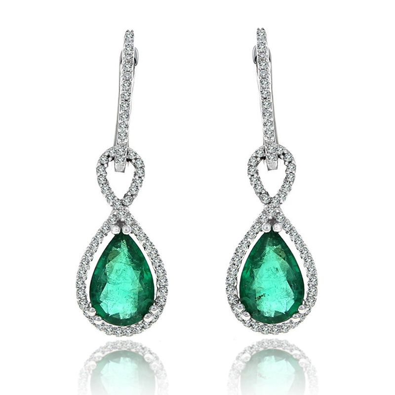 Pear Shaped Emerald and Diamond Halo Drop Earrings
