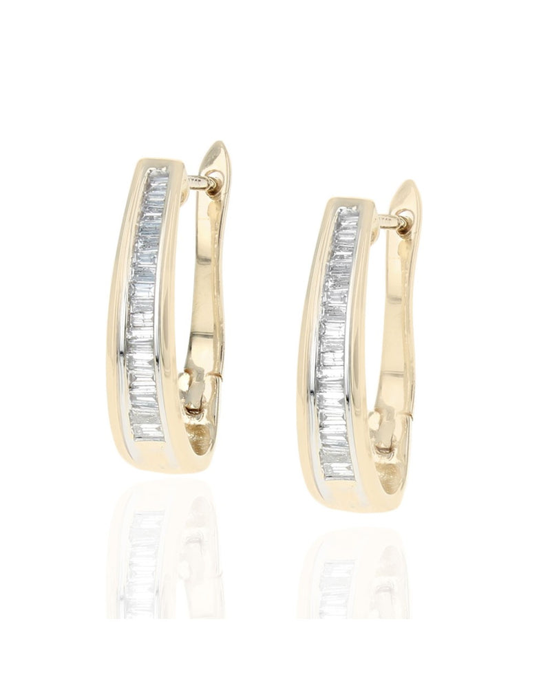 Diamond Elongated Hoop Earrings in White and Yellow Gold