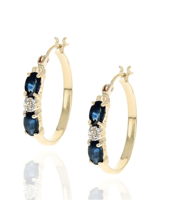 Alternating Blue Sapphire and Diamond Hoop Earrings in Yellow Gold