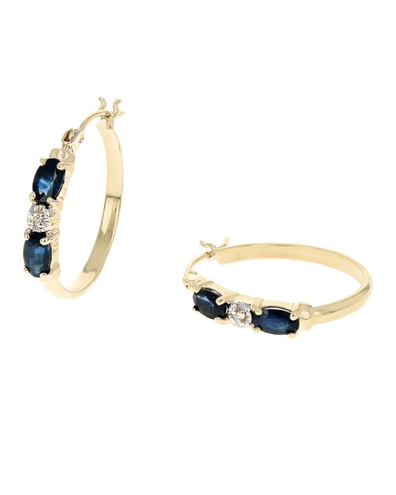 Alternating Blue Sapphire and Diamond Hoop Earrings in Yellow Gold