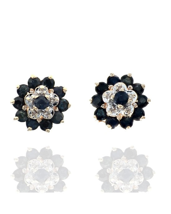 Dark Blue Sapphire and Diamond Double Halo Earrings in White and Yellow Gold