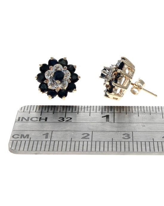 Dark Blue Sapphire and Diamond Double Halo Earrings in White and Yellow Gold