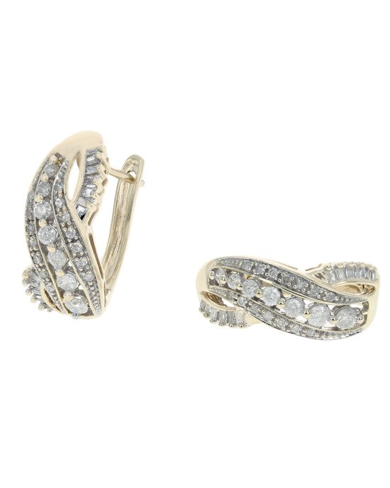 Diamond Crossover Curved Earrings in Yellow Gold