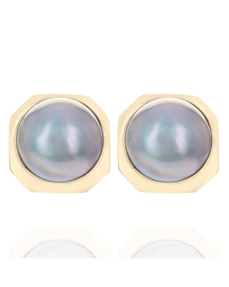 Round Cabochon Gray Mabe Pearl Stud Earrings