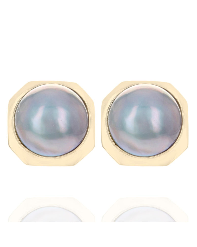 Round Cabochon Gray Mabe Pearl Stud Earrings