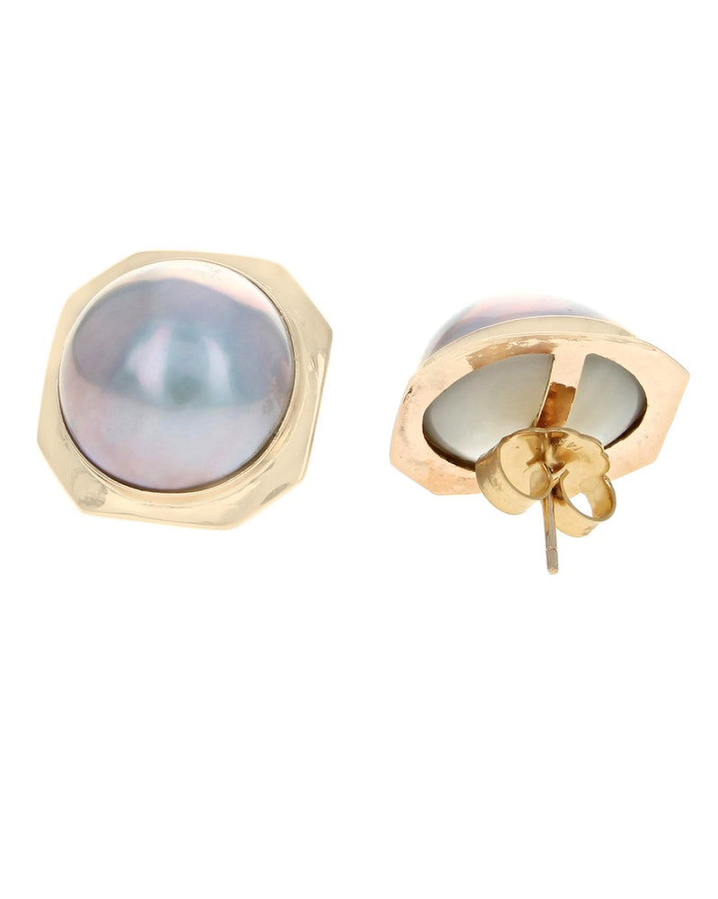 Round Cabochon Gray Mabe Pearl Stud Earrings