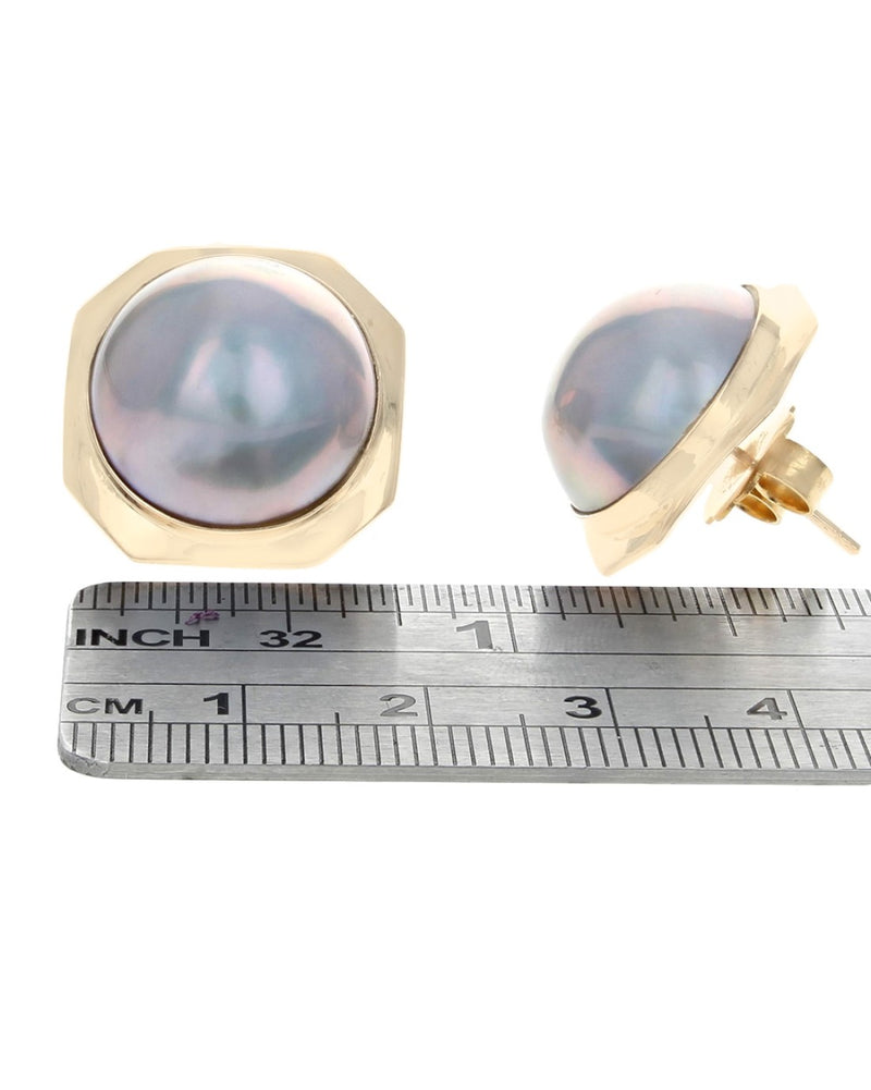 Round Cabochon Gray Mabe Pearl Stud Earrings