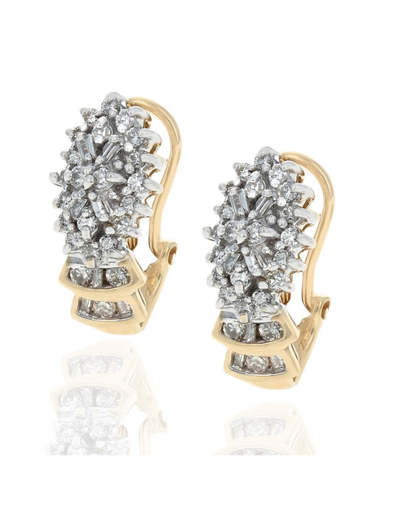 Round and Baguette Diamond Cluster Earrings