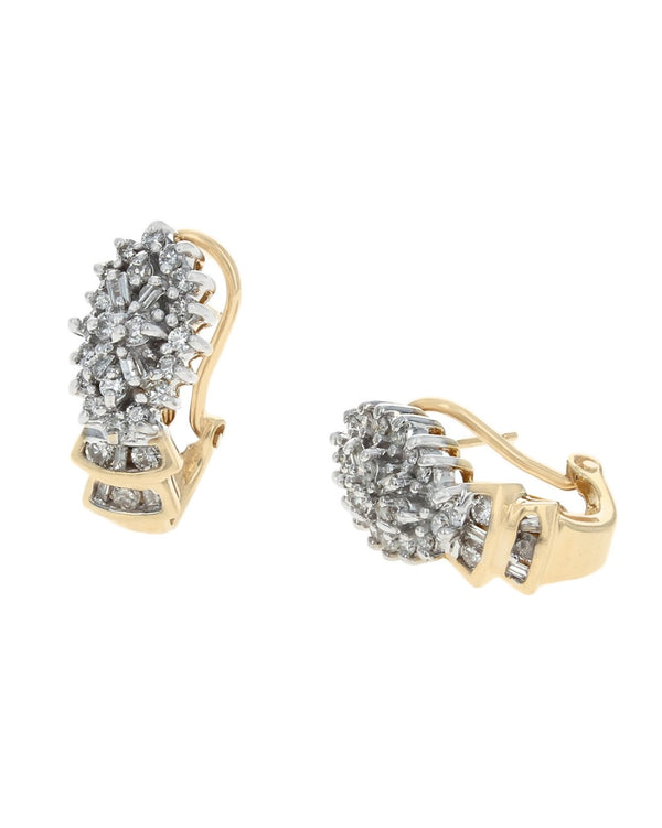 Round and Baguette Diamond Cluster Earrings