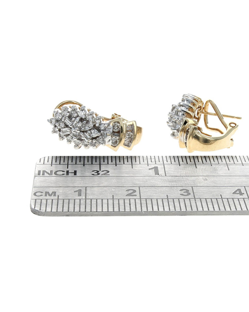 Round and Baguette Diamond Cluster Earrings