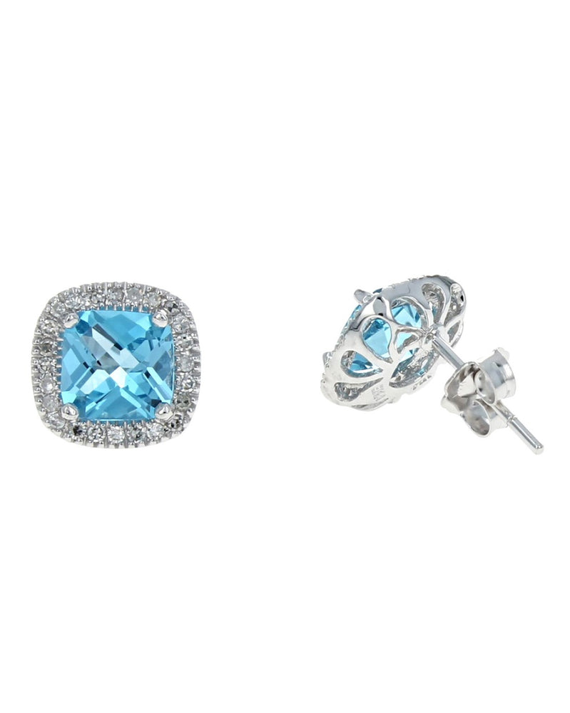 Swiss Blue Topaz Diamond Halo Stud Earrings