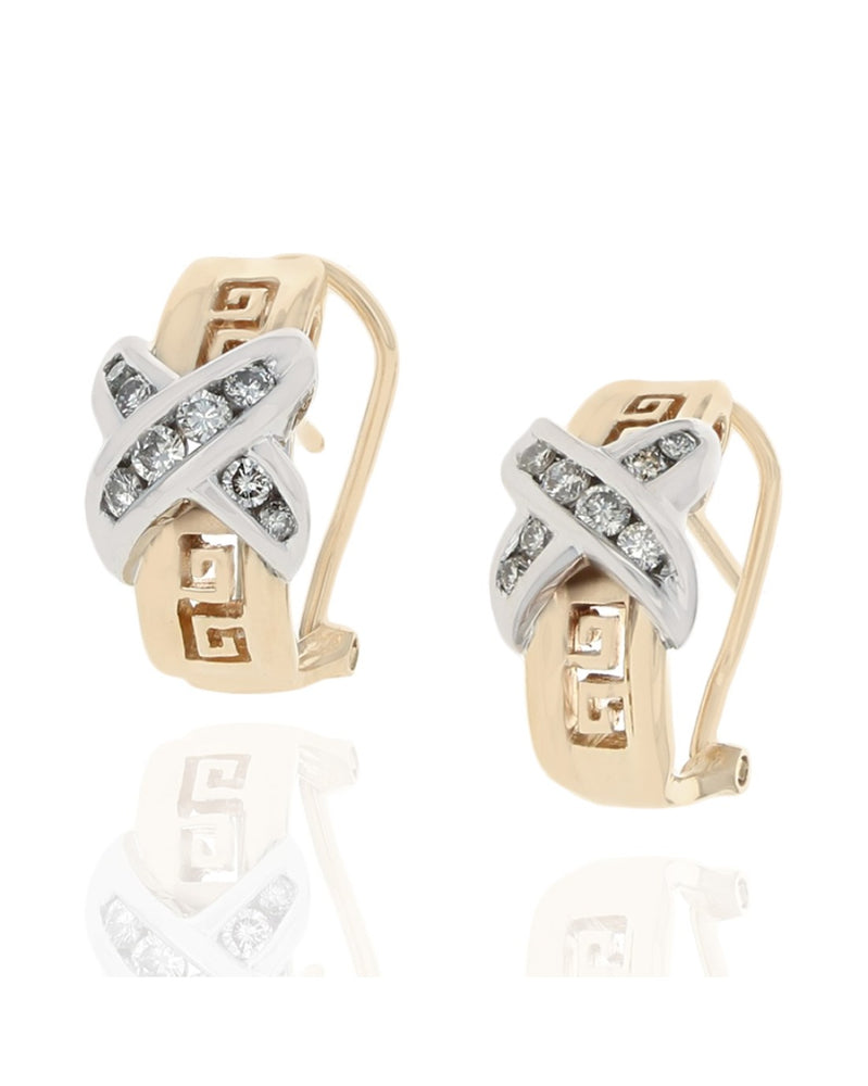 Diamond X Greek Key Accent Earrings in White and Yellow Gold