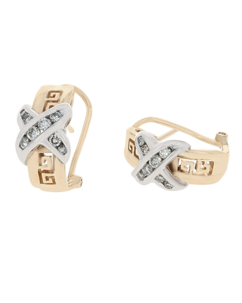 Diamond X Greek Key Accent Earrings in White and Yellow Gold