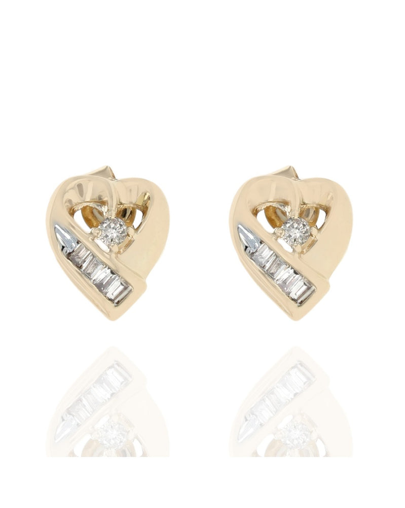 Diamond Open Ribbon Heart Stud Earrings in Yellow Gold