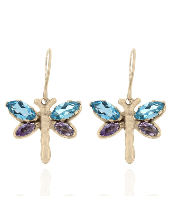 Swiss Blue Topaz and Amethyst Dragonfly Dangle Earrings in Yellow Gold