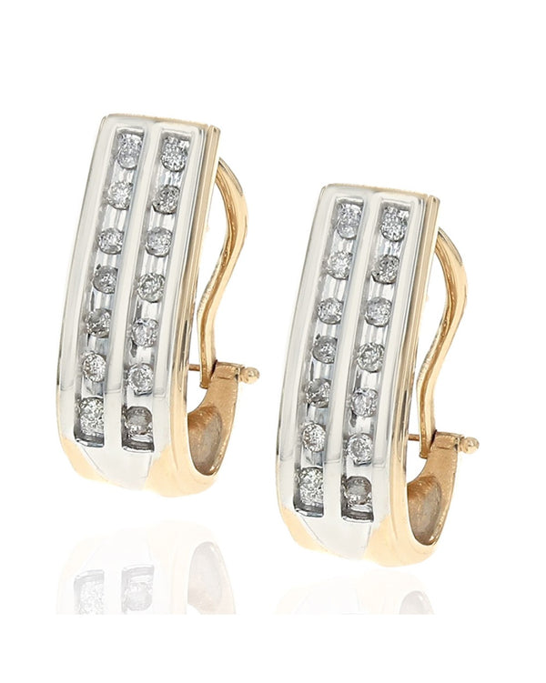 Two Row Diamond J Hoop Earrings in White and Yellow Gold