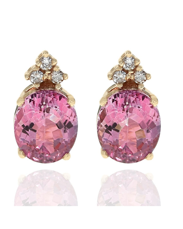 Coated Pink Topaz and Diamond Stud Earrings in Yellow Gold