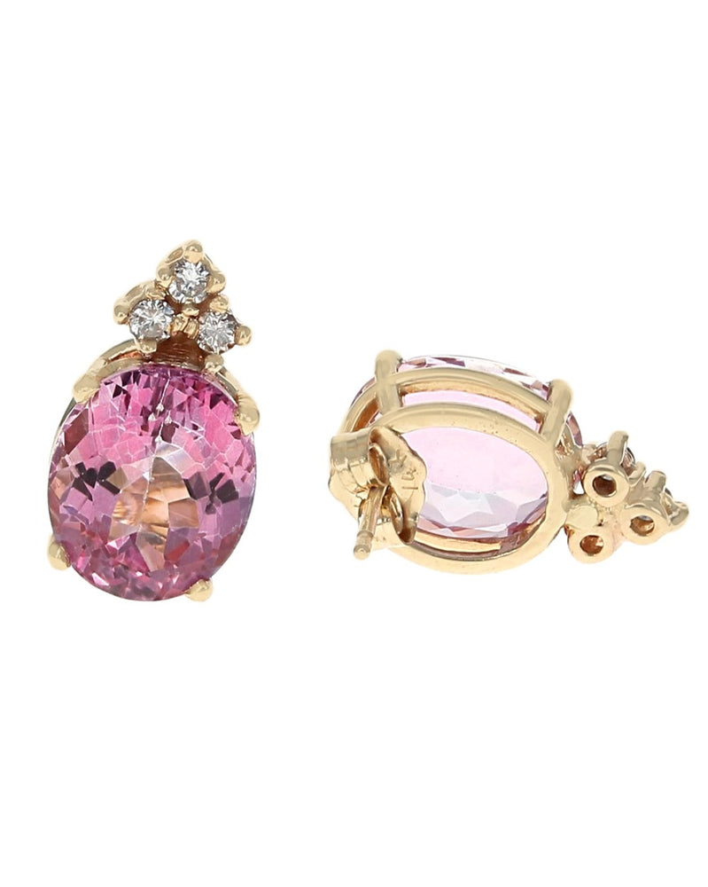Coated Pink Topaz and Diamond Stud Earrings in Yellow Gold